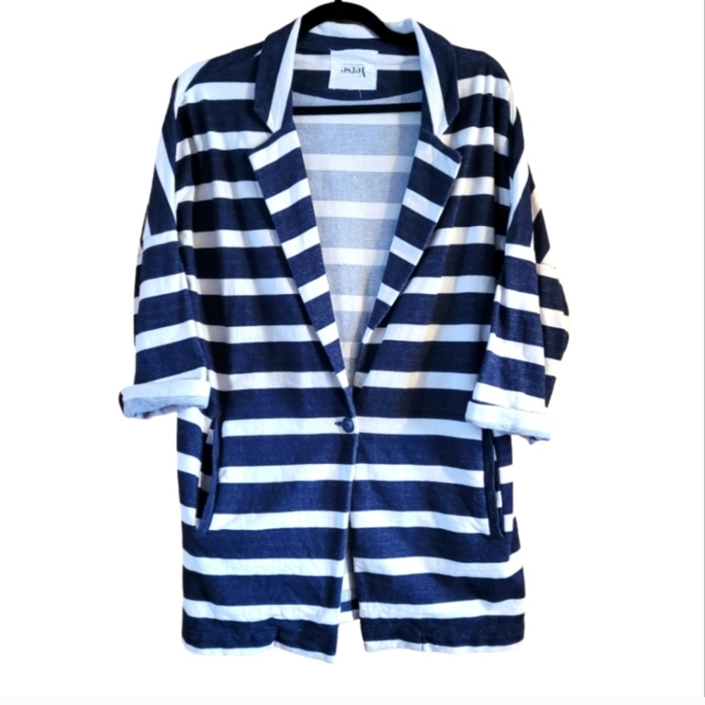 Yerse Blue & White Bold Striped Nautical Cotton Blazer